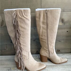 Fringed Tan Faux-Suede Knee-High Boots, NWT